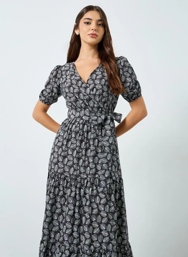 Styli Women Black Leaf Print Wrap Maxi Dress